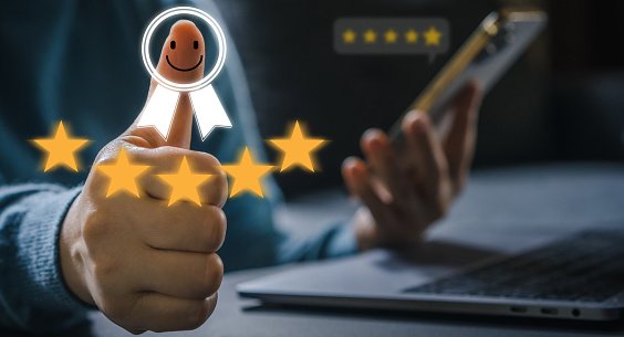 Human show thumb up emotion smile, give feedback icon satisfaction survey, five star, customer, satisfaction, review, feedback, service excellent, Quality assurance 5 star, positive, customer service