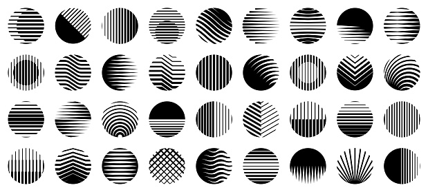 Set of different circles. Abstract design elements with lines. Vector geometric shapes.