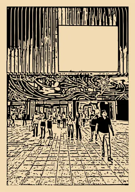 Vector illustration of abstract art woodcut people walking in front of shopping mall scene illustration