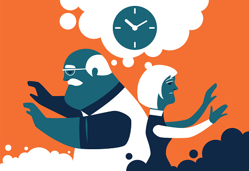 vector illustration of senior couple back to back thinking and searching time