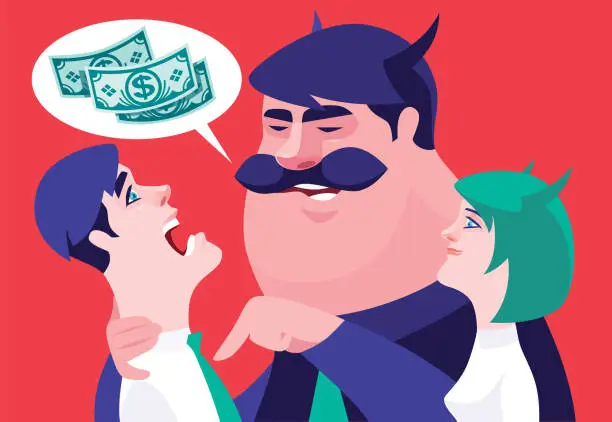 Vector illustration of evil boss talking and pointing at surprised businessman