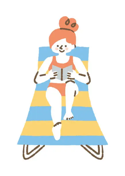 Vector illustration of A woman sitting on a deck chair and reading a book_color