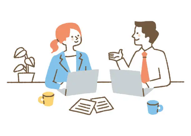 Vector illustration of Men and women working while talking _ color