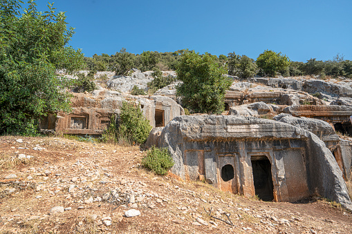 Scenic viev of rock tombs in the Limyra, Lycian region. There are more than 400 rock tombs and most of them are known by name through their inscriptions in Lycia