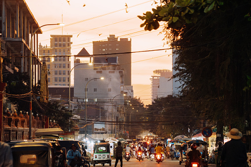 busy street in Phnom Penh, capital city in Cambodia