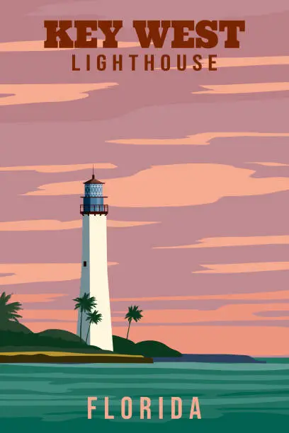 Vector illustration of Poster Key West Lighthouse Florida Retro. Palm, beacon tower