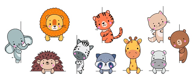 Animals looking out, funny animal peeking out window and wall. Cartoon lion, cat, hedgehog, adorable elephant and tiger, nowaday vector characters or funny cartoon animal looking illustration