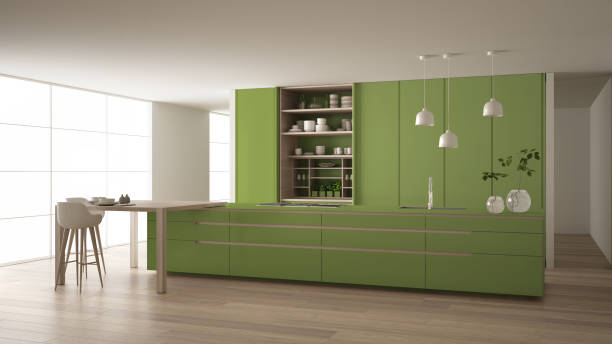 istock White and green minimalist kitchen in eco friendly apartment, island, table, stools and open cabinet with accessories, window, bamboo, hydroponic vases, parquet , interior design idea 1645816531