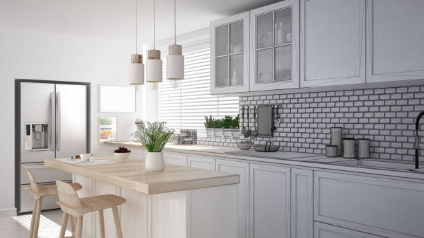 istock Architect interior designer concept: unfinished project that becomes real, modern scandinavian kitchen, cabinets, island and pendant lamps, minimalistic design idea 1645816532