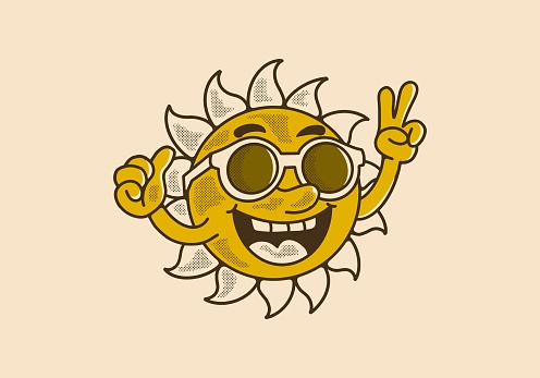 Vintage mascot character design of a sun wearing sunglasses with happy expression