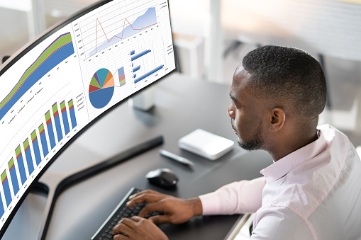 Financial Business Analytics Data Dashboard. Analyst Man