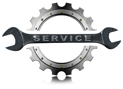 Metal gear (cogwheel) and stainless steel wrench with text service, isolated on white background with copy space and reflection. 3D illustration and photography.