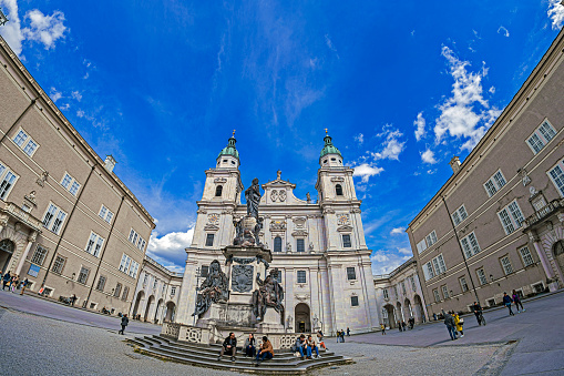 Salzburg: Cathedral Square (Domplatz) with Marian Column Statue and Statue of the Virgin Mary. The statue of the Immaculate Conception (Mariensäule) is the center of the square