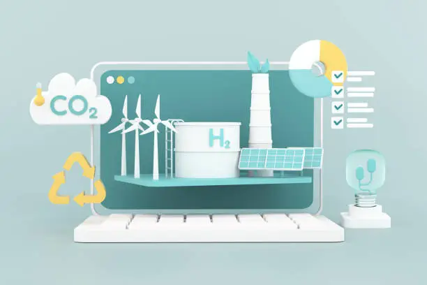 The concept of renewable sources of ecological energy, economical energy. Sustainable development of new technologies, solar energy, hydroelectric powerstation, wind energy. 3d render illustration.