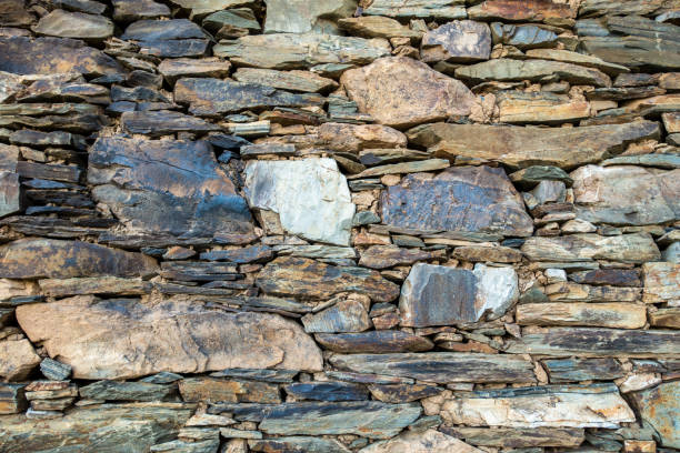 istock Detailed shot: Rural stone wall crafted from rocks and mud, Uttarakhand, India. Countryside construction. 1645870786