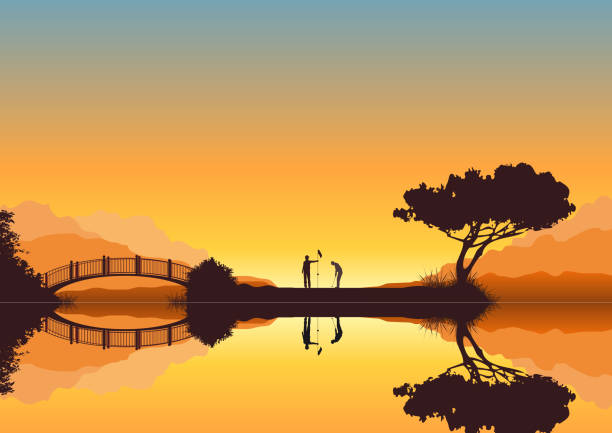 Golf Detailed illustration of two golfers playing on an islet green in the sunset reflection lake stock illustrations