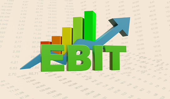 Positive EBIT (Earnings before interest and taxes) symbol, arrow up. Data sheet, financial figures, rising column digram. Growth, profit, business, return on investment. 3D illustration