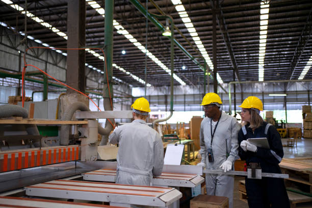 istock Blue collar workers are working at wooden pallets factory. 1645897783