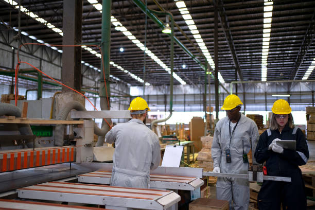 istock Blue collar workers are working at wooden pallets factory. 1645897791