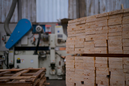 Blue collar workers are working at wooden pallets factory. Blue collar and occupation concept.