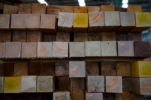 Construction of new wooden house. Beams frame close up