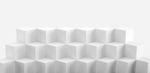White cube boxes with dark wall background. Abstract geometric pattern background. 3D rendering.