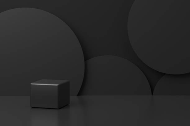 istock Blank platform, podium or pedestal for product display. Black cube with round cylindrical objects on the background. 1645908935