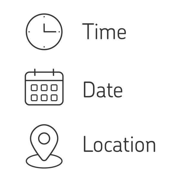 時刻、日付、場所の住所記号セット。カレンダーの時計、時刻、住所、場所のアイコン。ビジネスサインベクター画像デザインストックイラスト - human settlement点のイラスト素材／クリップアート素材／マンガ素材／アイコン素材