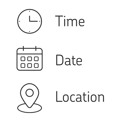 Time, date, location adress symbol set. Calendar clock, time, address, location icon. Business sign vector design stock illustration
