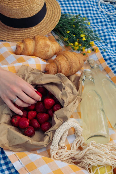 Enjoying a picnic: croissants, strawberries, lemonade on checkered blanket