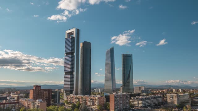 Madrid Spain time lapse 4K, city skyline timelapse at financial district four towers