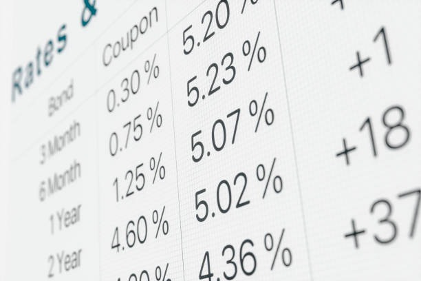 Bond market, rising yields and interest rates. Bond market, rising yields and interest rates. Different coupons, yields and maturities. Stock market and exchange screen, finance, savings. solvency stock illustrations