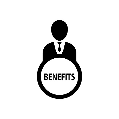 Business person with text BENEFITS flat icon. Employee benefit icon concept, remuneration, discount, beneficial, compensation, allowance, policy, word