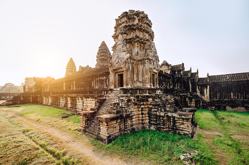 Angkor Wat showcases the ancient Khmer architecture. \nMajestic ancient ruins, a historic landmark with spiritual significance.\nSiem Reap, Cambodia, Asia
