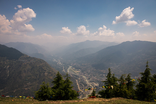 Aerial view of kullu city and Bhuntar airport. Shot from on top of Bijli Mahadev mountain at 2500m.