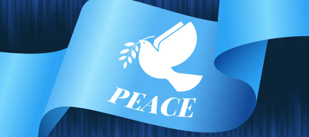 istock White peace bird sign and peace text screen on blue waving flag on dark light blue motion background vector design 1645935666