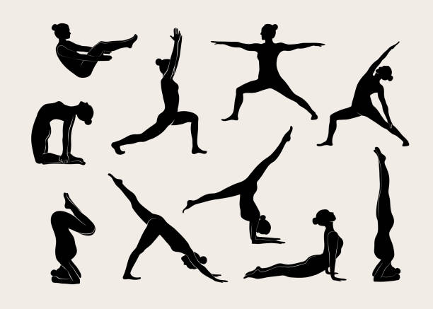 Women doing Yoga, Pilates set. Women doing Yoga, Pilates set. Slim girl doing yoga. Hand drawn black silhouettes Vector illustration. Warrior pose, boat pose, downward facing dog pose. Health care and lifestyle concept. Female yoga warrior position stock illustrations