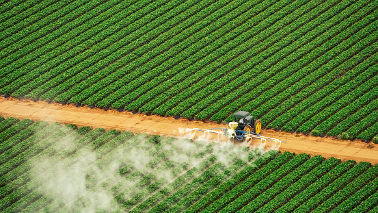 Aerial view of tractor spraying fertilizer on plants in agricultural field, California, USA.