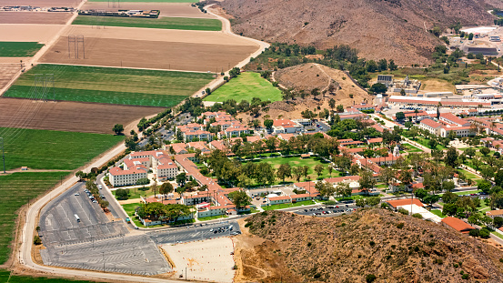 Aerial view of agricultural fields besides California State University Channel Islands, Camarillo, California, USA.