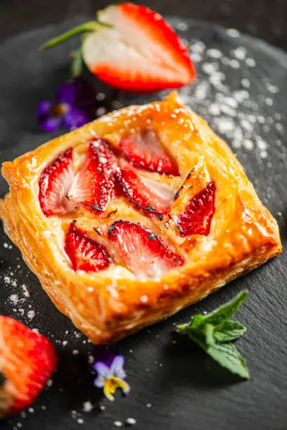 Delicious home-made Strawberry Danish with baked pastry cream