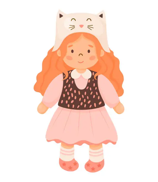 Vector illustration of Children toy doll. Cute curly girl with long red hair in funny cat hat in pink dress. Vector illustration in cartoon style. kids collection.