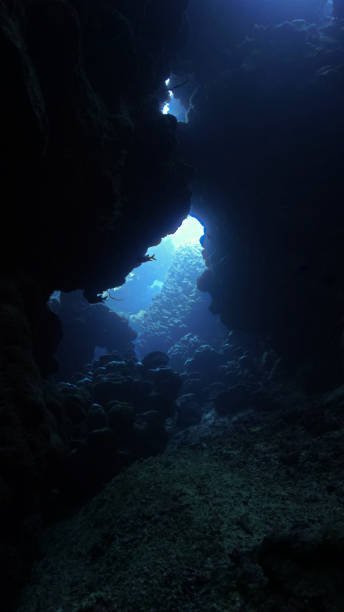 istock Underwater photo of lights inside a cave 1645959025