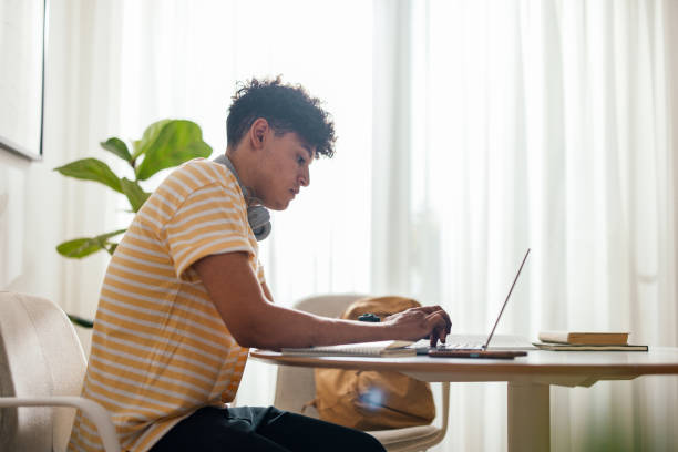 portret przystojnego nastolatka siedzącego przy biurku i korzystającego z laptopa w swoim pokoju w domu - sitting young men book isolated on white zdjęcia i obrazy z banku zdjęć