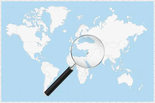Vector illustration of Magnifying glass showing a map of Lebanon on a world map.