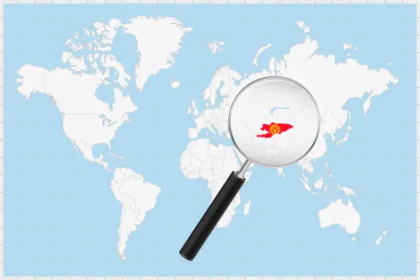 Vector illustration of Magnifying glass showing a map of Kyrgyzstan on a world map.