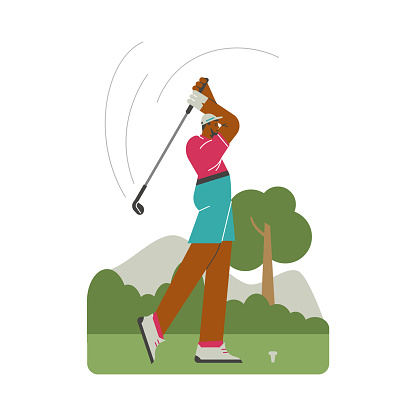 Sportsman playing golf, raised hands with a club and swing. Dark skinned male character hitting ball with club on natural landscape. Vector sport leisure activity, outdoor hobby or training