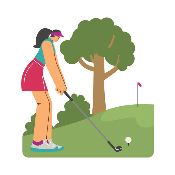 illustrations, cliparts, dessins animés et icônes de joueuse de golf jouant sur un parcours en plein air, illustration vectorielle isolée. - golf golf course swinging isolated