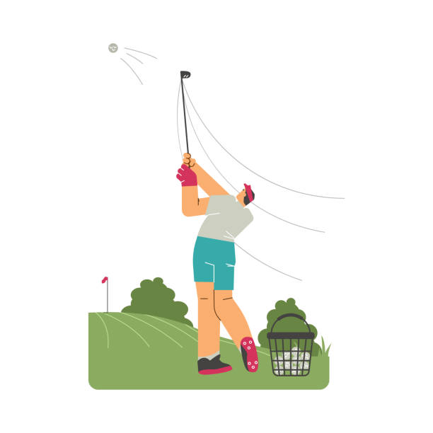 illustrations, cliparts, dessins animés et icônes de le joueur de golf sur un parcours en plein air frappe une illustration vectorielle à plat de balle isolée. - golf golf course swinging isolated