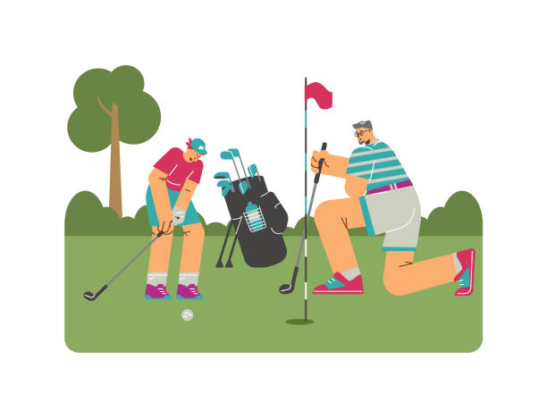 illustrations, cliparts, dessins animés et icônes de partenaires de jeux de golf ou joueurs sur parcours en plein air à vecteur plat isolé. - golf golf course swinging isolated