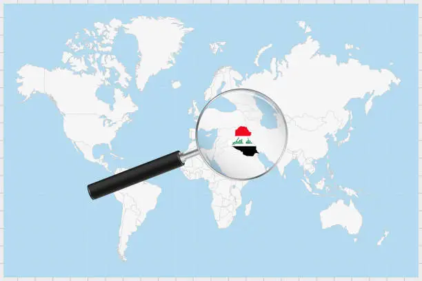Vector illustration of Magnifying glass showing a map of Iraq on a world map.